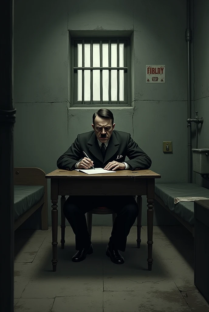A dark, somber prison cell with Adolf Hitler sitting at a simple wooden desk, writing