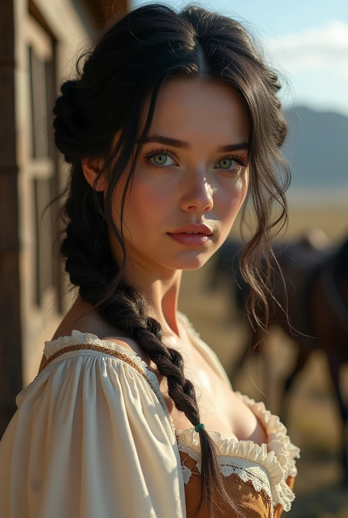 1875, southern lady, black hair, green eyes, feminine dress, wild west