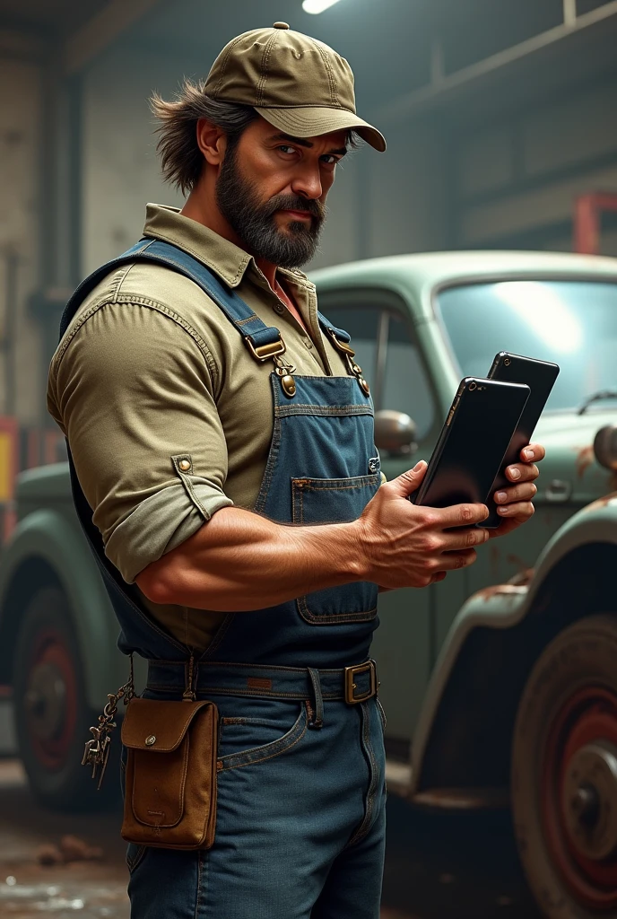 He is a 2 tablet-wielding auto mechanic with a strong, muscular build and slightly greasy, tousled short hair. They wear a well-worn hat, durable work shirt with rolled-up sleeves, grease-stained overalls and heavy-duty work boots. Their hands are often smeared with oil, and they have a custom engraved key in their back pocket. Their sharp eyes and confident demeanor reflect their deep knowledge and passion for cars.
