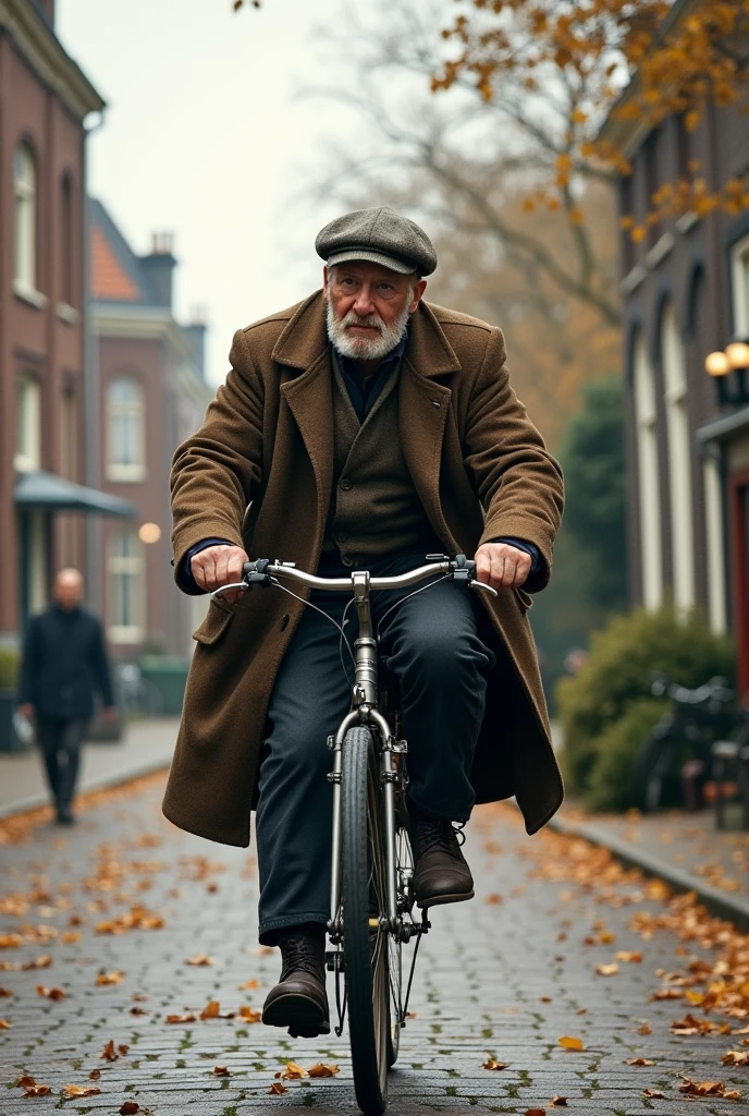 A Dutch man riding a bicycle on a windy day