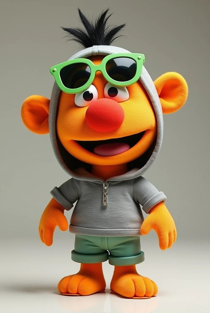 Sesame Street Enrique doll, orange with red nose, grey hood and green sunglasses