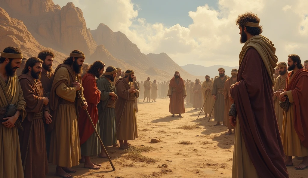Description: A scene expressing the disobedience of the Children of Israel and their refusal to enter the Holy Land. Details: The scene shows a group of the Children of Israel hesitating and expressing fear and cowardice, while Moses, peace be upon him, stands far away looking at them sadly.

 