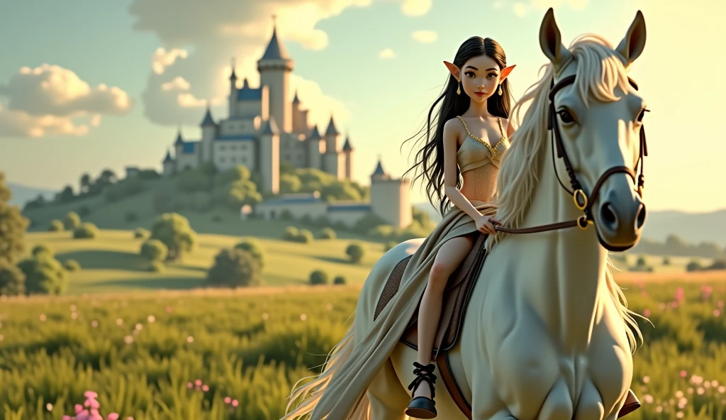 a young elf princess, beautiful pale face, gray eyes, beautiful black hair, riding her white horse, in the background you can see a meadow in the distance on the outskirts of an immense castle, cinematic lighting, pixar style, long shot