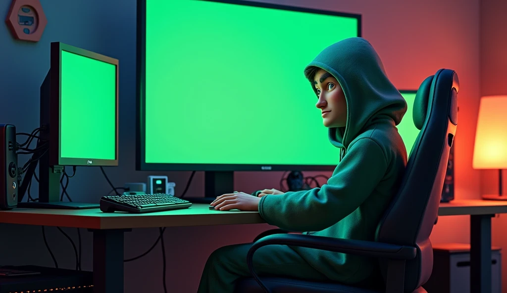 Im Stil von Pixar 3D-Animation filmen (Caricature). An unknown man wearing a hood sits in front of a gaming PC with three monitors and writes. The screens show a monochrome green image for green screen editing.