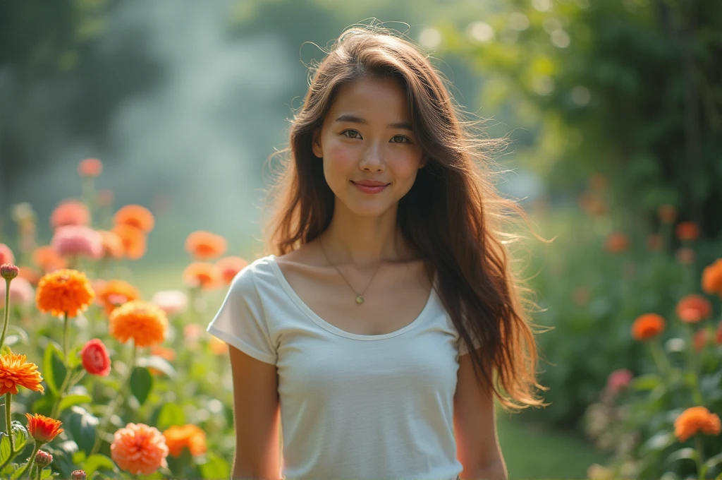 fot, taken from a distance that shows the entire body, She is very young, plein-air, em um jardim, short skirt and t-shirt, Caucasian skin, sad for a lost love, long brown hair, a softened ironic smile - colorful flowers, contained excitement, Soft lighting on your face, realistic skin-clothes-hair textures, sky blue eyes carpeted mist, beautiful real textures and delicate aesthetics, full body view, notable for natural feminine beauty, noise, 8 k quality, FOTO RAW, by professional photographer, rule of thirds, Extremely Detailed