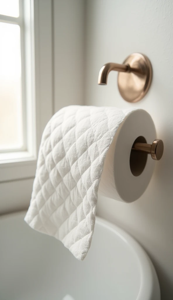 A close-up of luxury soft toilet paper, with a gentle texture and subtle quilted pattern. The roll is slightly unwound, showing the plush layers. The background features a clean, modern bathroom with a soft light shining through.