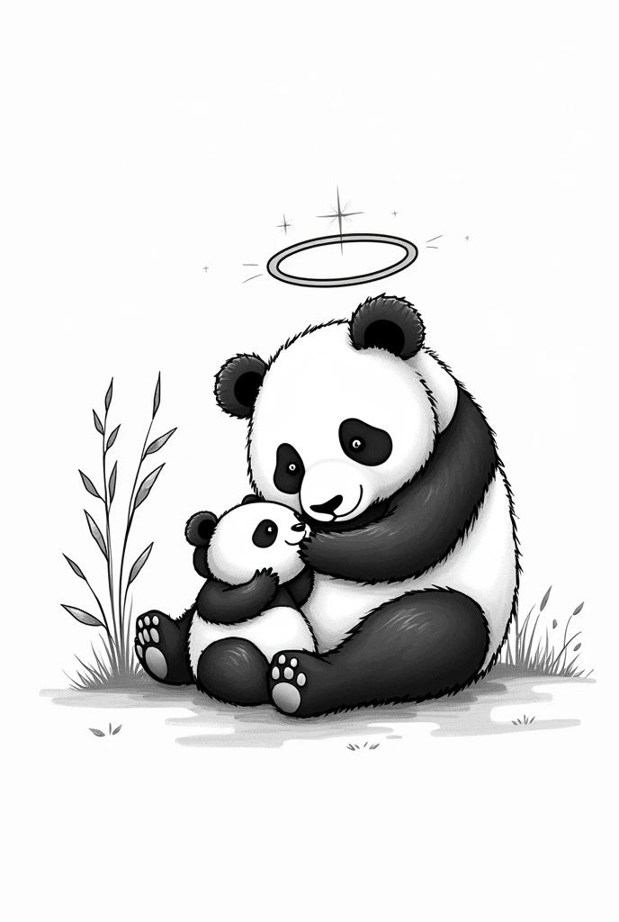 Mama panda and her angel panda happy in black and white lines for tattoo