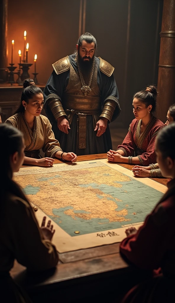 **Photo Scene Prompt for SeaArt.AI Captured with a Canon EOS 5D Mark IV: Military Strategy with Daughters**

*Scene Setup:* The scene is set in a dimly lit war tent, with Genghis Khan at the head of a large wooden table. A detailed map of the Mongol Empire is spread out before them, filled with marked regions and battle plans. His daughters stand around the table, actively engaged, pointing to different regions on the map, indicating their direct involvement in military strategy and the expansion of the empire.

*Lens and Focus Settings:* Captured with a Canon EOS 5D Mark IV using a 35mm f/1.4 lens, the focus is sharp on Genghis Khan and his daughters, with particular emphasis on their gestures and expressions as they discuss strategy. The map and surrounding elements are slightly blurred, creating a depth of field that highlights the strategic discussion.

*Lighting and Mood:* The lighting is low and atmospheric, with flickering candlelight casting warm, dramatic shadows across the scene. The mood is intense and focused, capturing the seriousness of the military planning and the collaboration between Genghis Khan and his daughters.

*Character Details:* Genghis Khan and his daughters are dressed in traditional Mongol attire, with detailed armor and robes. The Canon EOS 5D Mark IV captures the intricate patterns of their clothing, the concentration in their faces, and the textures of the map. The daughters’ confident postures and involvement in the discussion emphasize their importance in the decision-making process.

*Final Touches:* The color palette includes muted earth tones, highlighted by the warm glow of the candles, creating a sense of historical authenticity. The final image portrays a powerful moment of strategic planning, underscoring the pivotal role Genghis Khan’s daughters played in the expansion of the Mongol Empire.