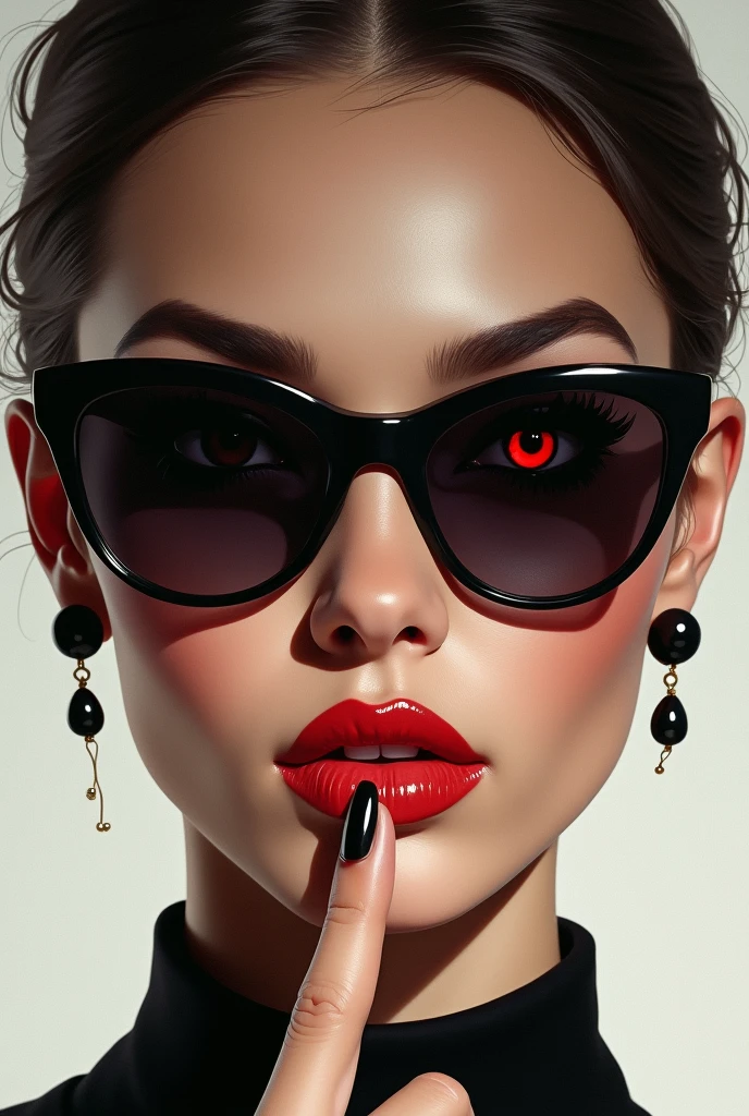 (Portraits:1.4), (masterpiece:1.2, best quality:1.2),a woman with glasses and a red eye is looking at the camera, high quality artstyle, style portrait, style character face focus, extremely detailed face, extremely detailed eyes, good-looking, make up, finger on lips, sunglasses, fashion wear, earrings,