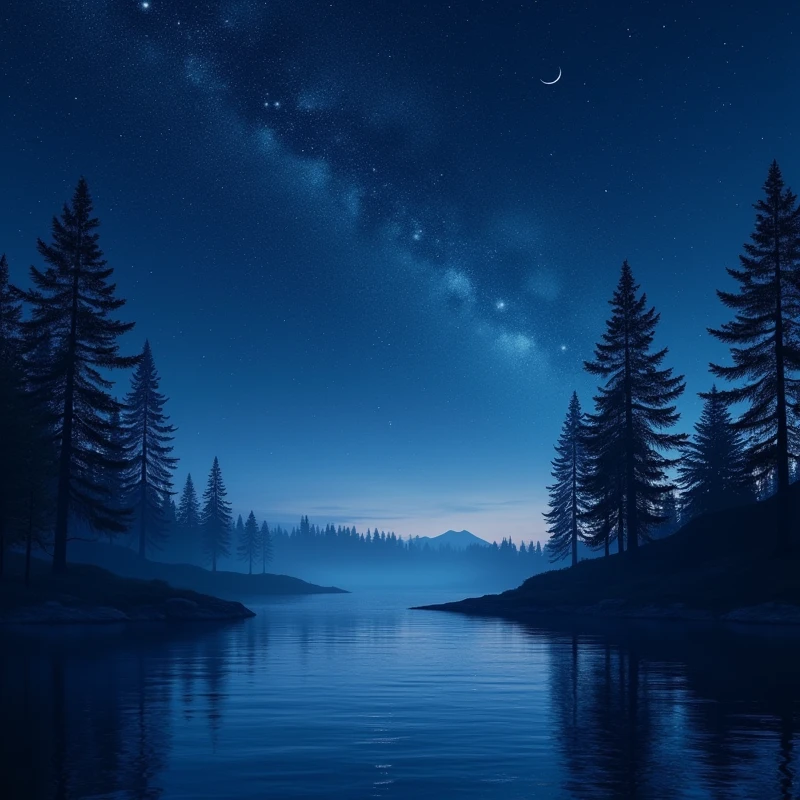 A tranquil nighttime landscape under a star-filled sky. The deep indigo sky is illuminated by countless stars, with the Milky Way faintly visible in the distance. A crescent moon casts a soft, silvery light over the scene. In the foreground, a calm lake reflects the starry sky, with gentle ripples disturbing the surface. Dark silhouettes of tall pine trees border the lake, their forms barely visible in the moonlight. The atmosphere is peaceful and serene, with a sense of quiet solitude and the mystery of the night."