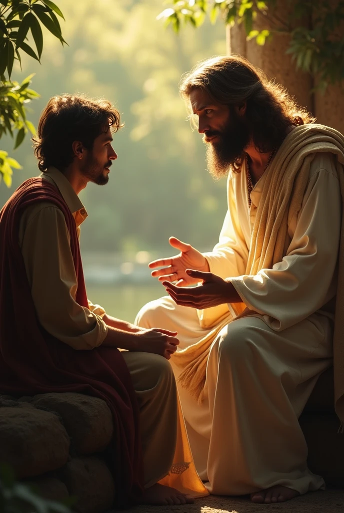 "Create a poignant image of a person listening intently to Jesus's counsel. Depict the individual seated or standing in a calm, contemplative setting, such as a serene outdoor scene or a peaceful room. Show Jesus in a gentle, guiding posture, perhaps with a hand extended or gesturing thoughtfully as He speaks. The person should be depicted with a focused, attentive expression, fully engaged in the conversation. The background should be tranquil, with soft, warm lighting highlighting the interaction and creating an atmosphere of wisdom and serenity. Use subtle details, such as a light aura around Jesus and a soft glow on the person's face, to emphasize the spiritual and transformative nature of the encounter."






























































































