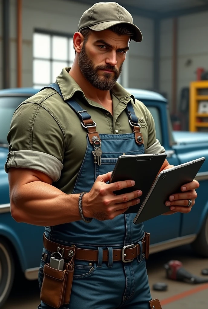 He is a 2 tablet-wielding auto mechanic with a strong, muscular build and slightly greasy, tousled short hair. They wear a well-worn hat, durable work shirt with rolled-up sleeves, grease-stained overalls and heavy-duty work boots. Their hands are often smeared with oil, and they have a custom engraved key in their back pocket. Their sharp eyes and confident demeanor reflect their deep knowledge and passion for cars.