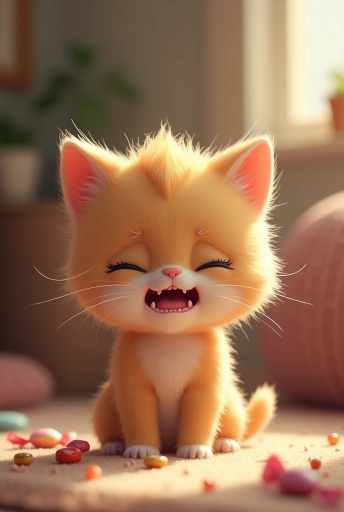 The kitten has a bad toothache,because he eats a lot of sweets