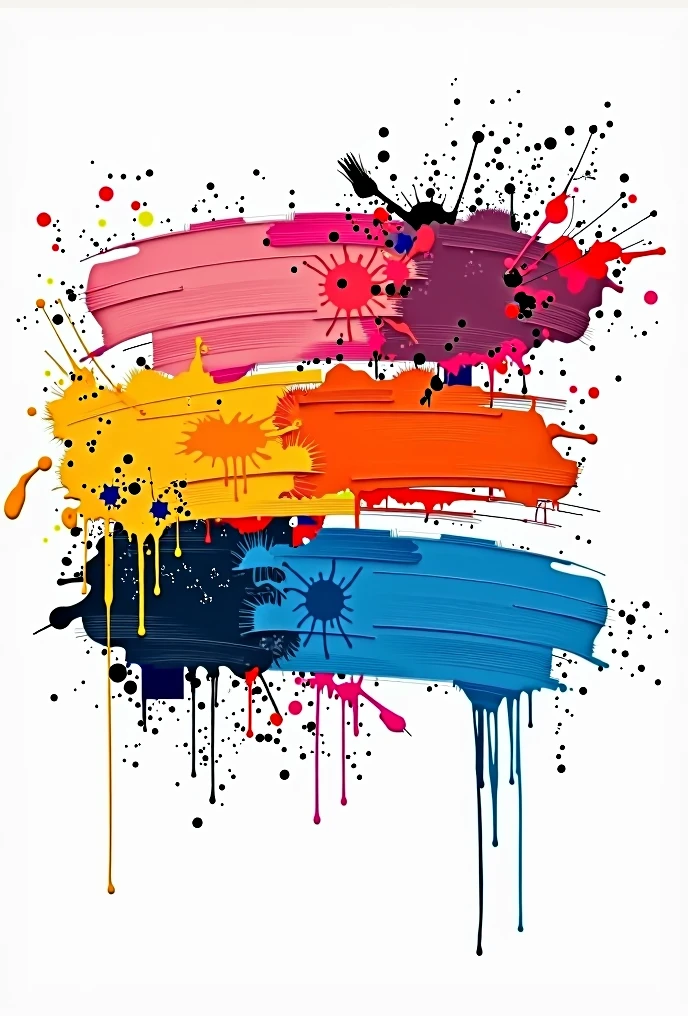 three mixed vibrant color brush strokes horizontal on white background, with drops of paint flowing