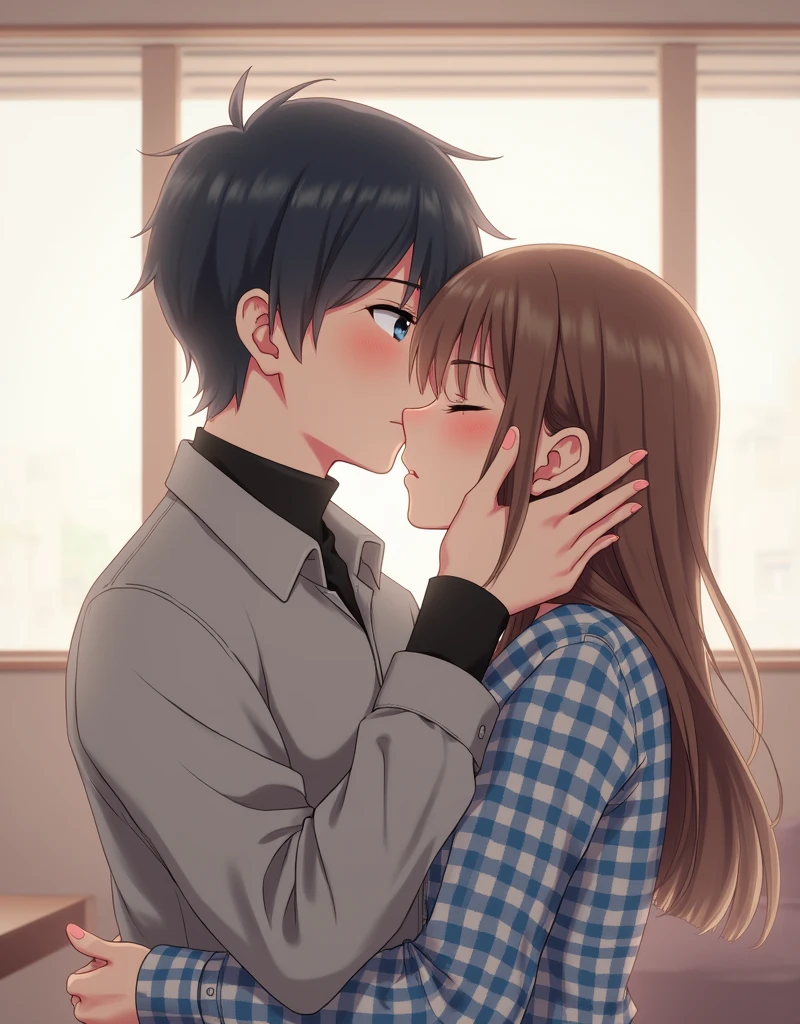 Create a Japanese anime style landscape image. Digital illustration in an anime style, depicting an intimate moment between two characters. The layout is vertical, with the subjects positioned centrally. The male character has short, dark hair and is wearing a grey, buttoned-up shirt with a black turtleneck underneath. He is embracing the female character, who has long, brown hair and is wearing a blue and white checkered shirt. The scene is set in a modern, well-lit room with large windows in the background, allowing natural light to flood in. The characters' facial features are detailed, with the male character's face partially obscured as he kisses the female character on the cheek. The overall color palette is soft and warm, enhancing the intimate and tender atmosphere of the scene.