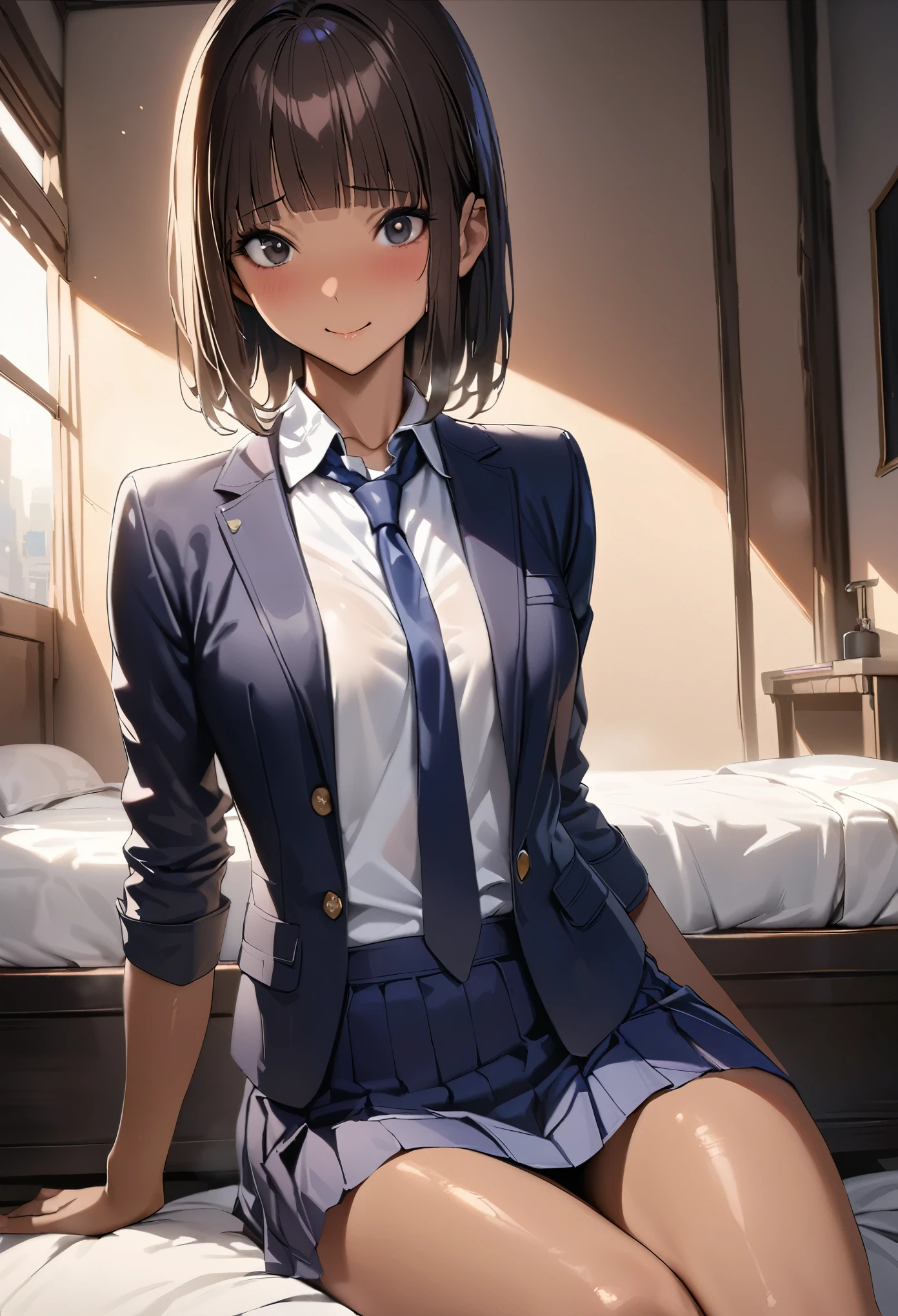 ((masterpiece,best quality anime,Highest quality:1.3)),realistic,cowboy shot,(2 beauty),1woman,独奏,((very small head:1.4)),((very long body)),short hair,bangs,dark brown hair,gorgeous big eyes,black eyes,shy,smile,((tan skin:1.3)),(School uniform、Dark blue blazer jacket、Navy blue tie、Navy blue mini skirt、White shirt),((slender body:1.4,skinny)),medium breasts,gleaming skin,shiny skin,oily skin:1.3,sitting,Simple bed、Bedroom、Sunset、