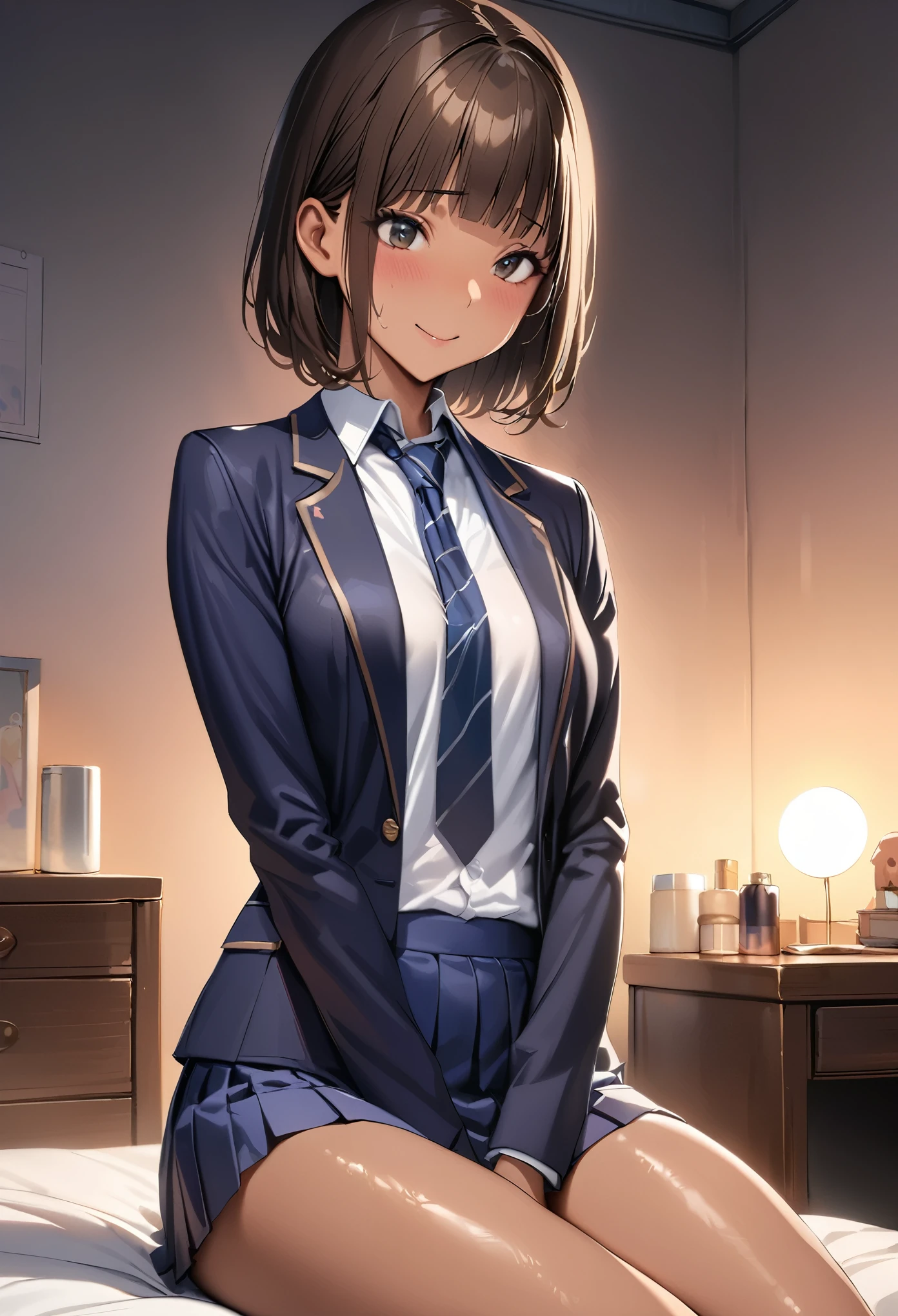 ((masterpiece,best quality anime,Highest quality:1.3)),realistic,cowboy shot,(2 beauty),1woman,独奏,((very small head:1.4)),((very long body)),short hair,bangs,dark brown hair,gorgeous big eyes,black eyes,shy,smile,((tan skin:1.3)),(School uniform、Dark blue blazer jacket、Navy blue tie、Navy blue mini skirt、White shirt),((slender body:1.4,skinny)),medium breasts,gleaming skin,shiny skin,oily skin:1.3,sitting,Simple bed、Bedroom、Sunset、