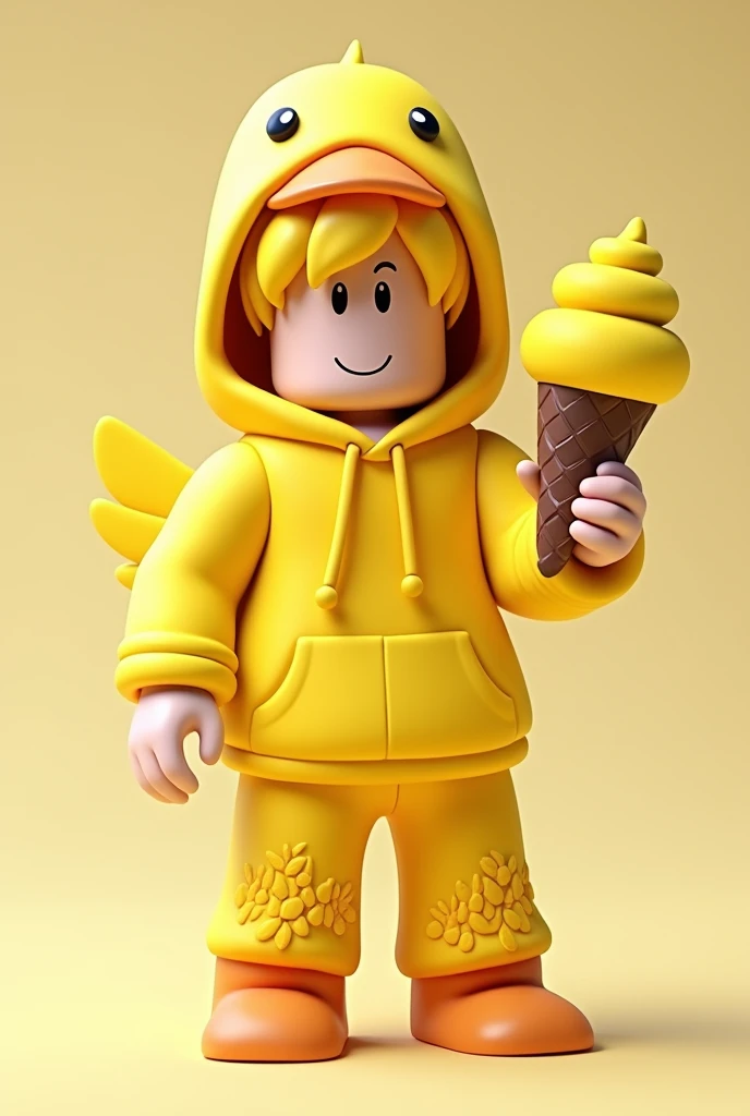 Make a r6 male Roblox character with yellow hair wearing a yellow duck hoodie and yellow duck pant and yellow duck hat and ice cream in hand 