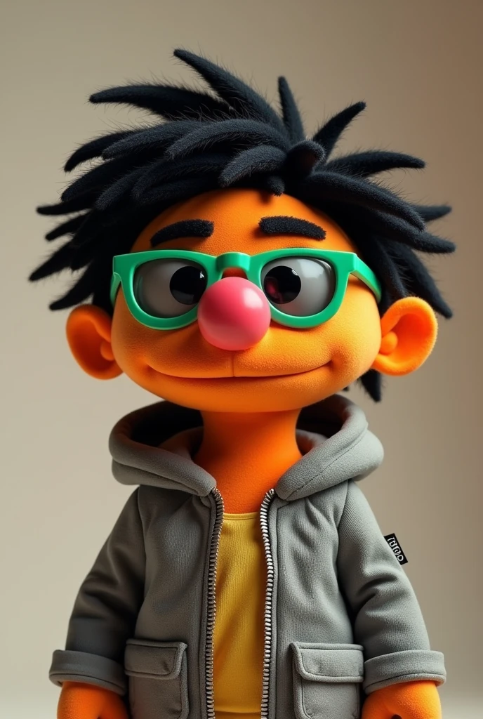 Sesame Street Enrique doll, orange with red nose, gray hood and green sunglasses black hair