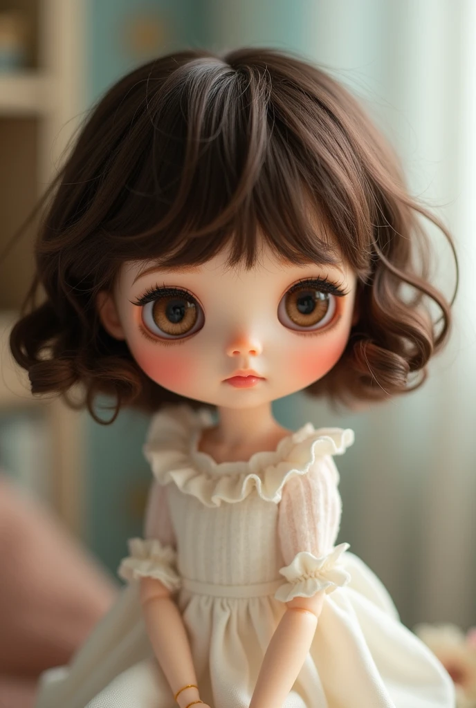 Blythe doll, brunette, short hair, short bangs, brown hair, brown eyes and wavy hair