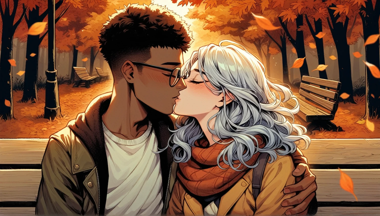 Create a wide realistic comics illustration of a young interracial couple in an autumn setting, sharing a tender kiss. The young man has African features, short dark hair, and wears eyeglasses. The young woman has European features with slightly curly silver-white long hair. They are both dressed in autumnal clothes, surrounded by falling leaves and warm autumn colors. The illustration should capture their affectionate embrace amidst the vibrant foliage, reflecting the romantic and serene atmosphere of the autumn season.