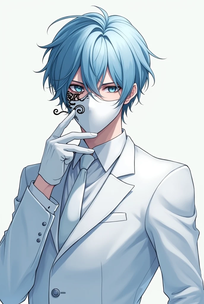 ((master part:1.2, best quality)), 4k, 1 man, anime style, Handsome, short baby blue hair, forehead, white suit, baby blue tie, portrait, white mascarade mask covering his whole face, black swirling details on on the left side of the mask, defined body, light blue eyes, white hair, white gloves (Muscle:1.4, broad shoulders:1.4, disciplined body)