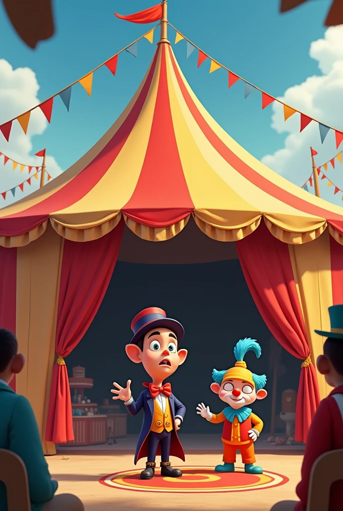 horizontal image. A bright circus with a big colorful tent without an audience. The hatless Magician Max stands center stage with a worried expression. At his side is the clown Pipo.