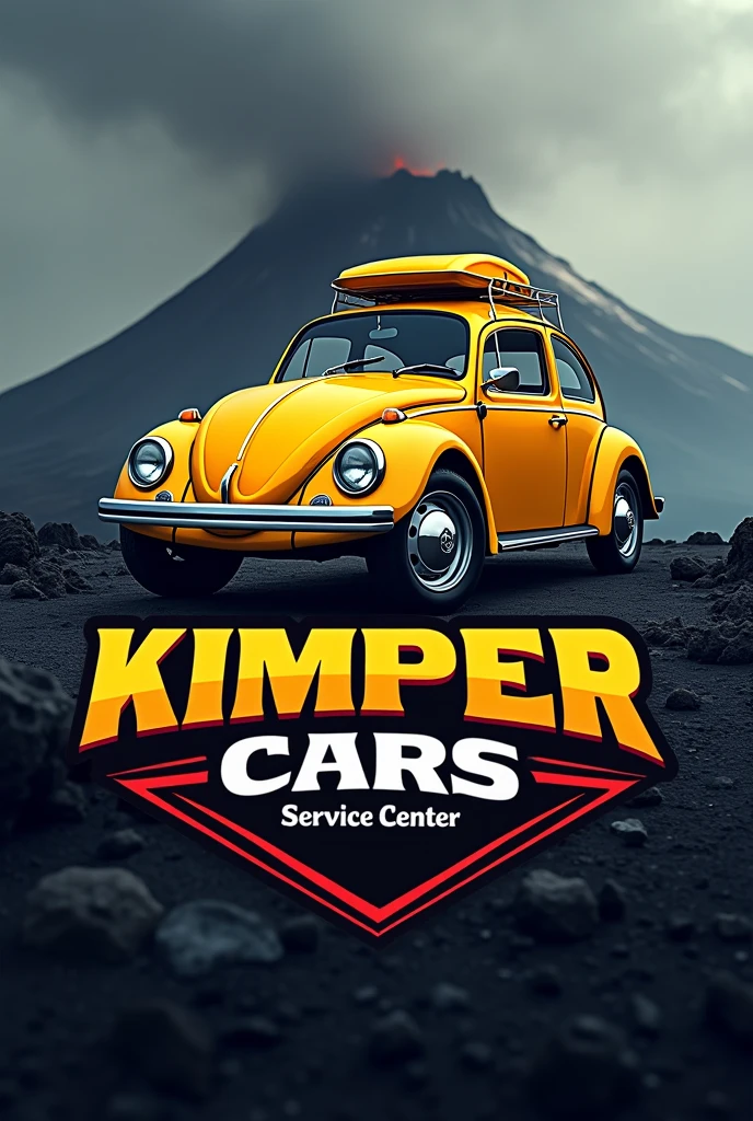 Logo for a lube center and tire shop that says Kimper Cars logo with letters on top of a yellow beetle car . Car on top of the. Letter and small below Kimper cars that says service center the letters that are black and red and behind the. Misti Volcano