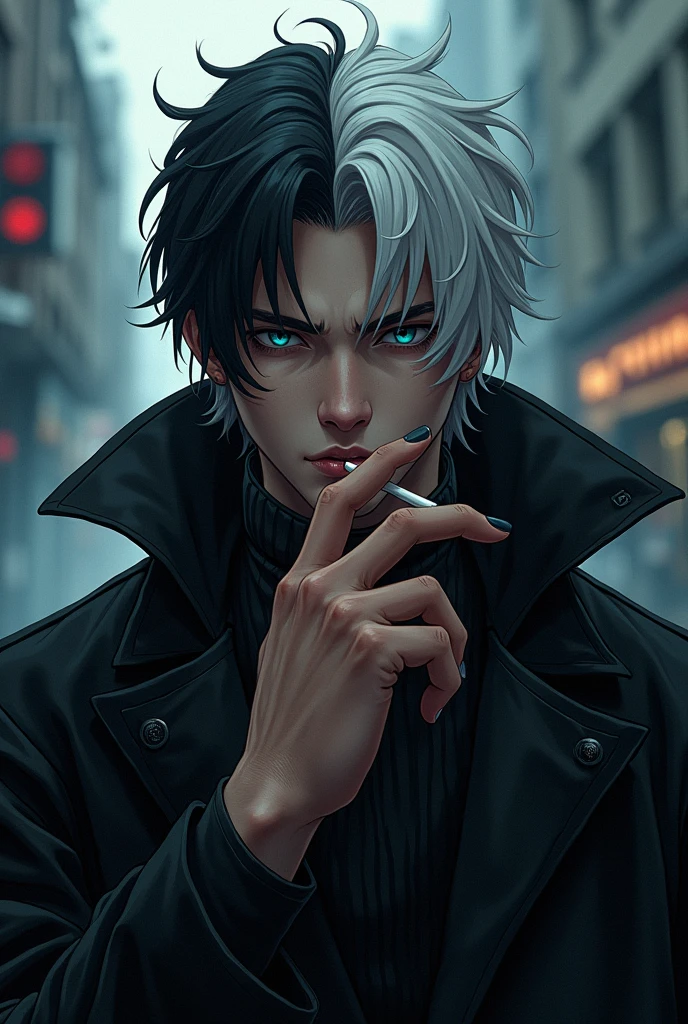 A 26 years frictional anime boy
with white black hair and ocean blue
eyes with smoking cigarette and masculine jawline and wear a black overcoat