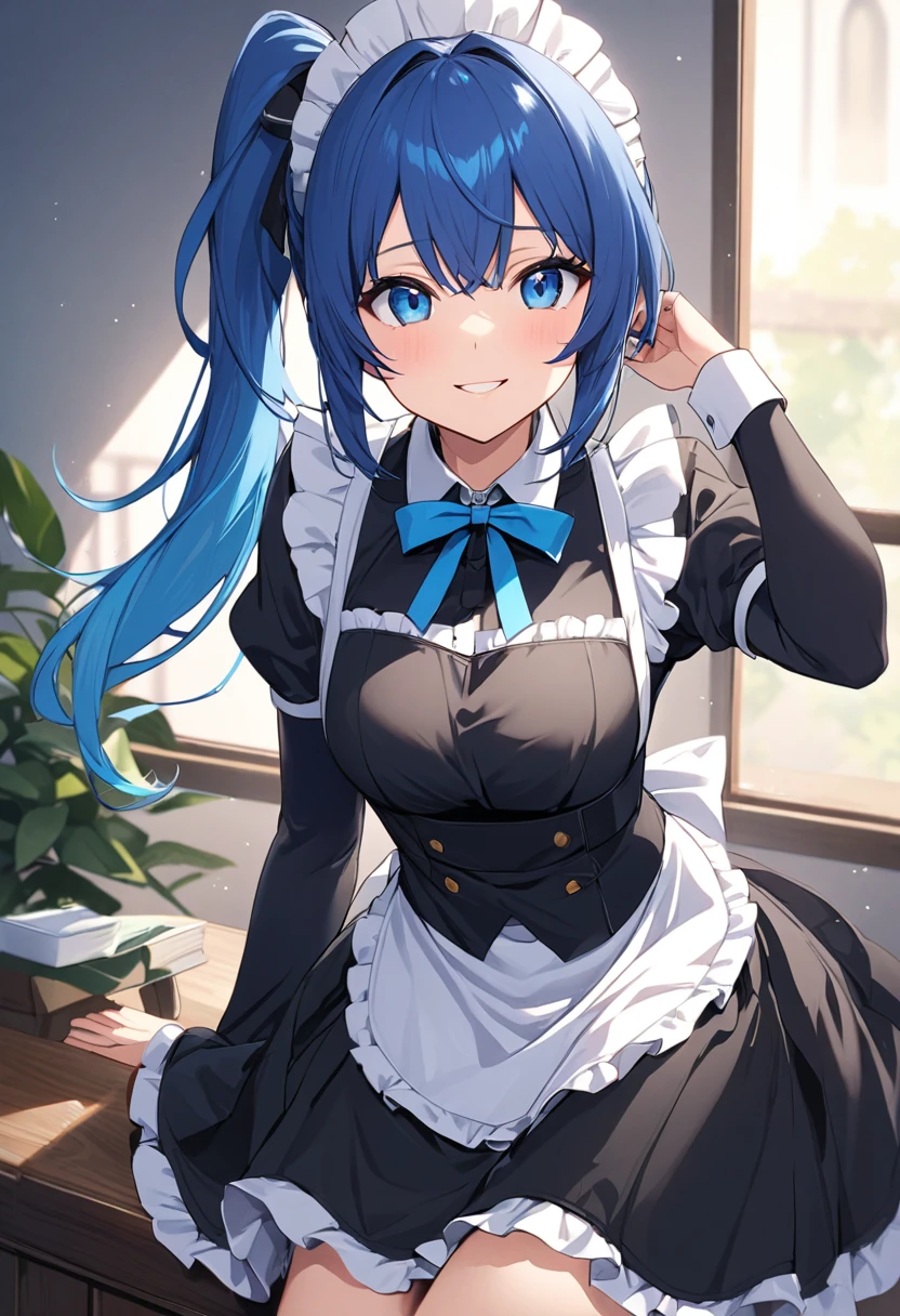 maid、黒のmaid服、Blue eyes、Beautiful blue hair、Small smile、ponytail