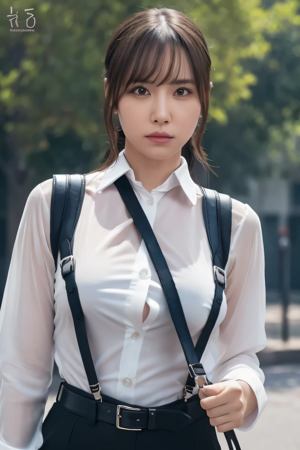 a woman in a suit, belt, hands behind back, sweating, suspenders, black pants, sexly, large breasts, see-through clothing, rain, detective, office worker, white button-up shirt, (best quality,4K,8k,highres,masterpiece:1.2),ultra-detailed,(realistic,photorealistic,photo-realistic:1.37),hyper-detailed,highly detailed face and body, Slender thin suspenders Moderate breasts See-through shirt Nipples holster chain Pistol Armament criminal Female criminal knife