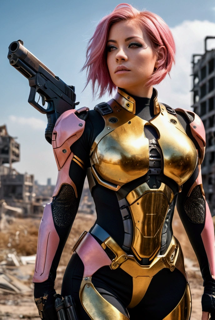 (8k, RAW photo, best quality, masterpiece), ultra high resolution, (realistic, photo-realistic), 1girl, emotionless, solo, pink hair, yellow eyes, professional lighting, detailed lighting, backlight, depth of field, natural lighting, sharp focus, two meter shooting distance, professional photo shoot, detailed eyes, realistic eyes, detailed shadow, cg game, cosplay, pink clothes with arm ring, suspenders, upper body, pink clothes, exterior, crown, Gundam, Mecha, robot, 1boy, white, full body, Illustration, cinematic light, high resolution, best quality, ultra detailed, masterpiece, power suit, powerranger, suit, spd, (silver royal guard ranger suit), gold detail