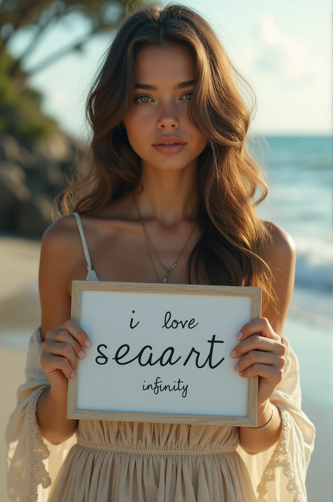 Beautiful girl with wavy long hair, bohemian dress, holding a white board with text "I Love Seaart Infinity" and showing it to the viewer