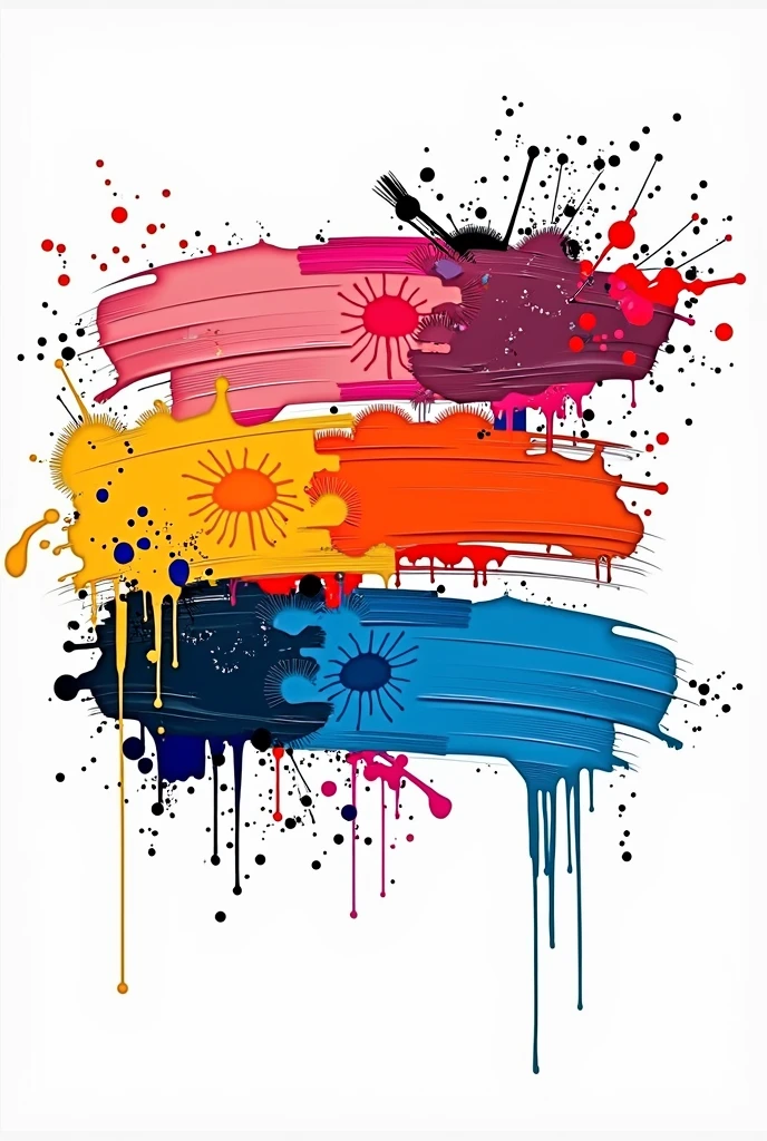 three mixed vibrant color brush strokes horizontal on white background, with drops of paint flowing