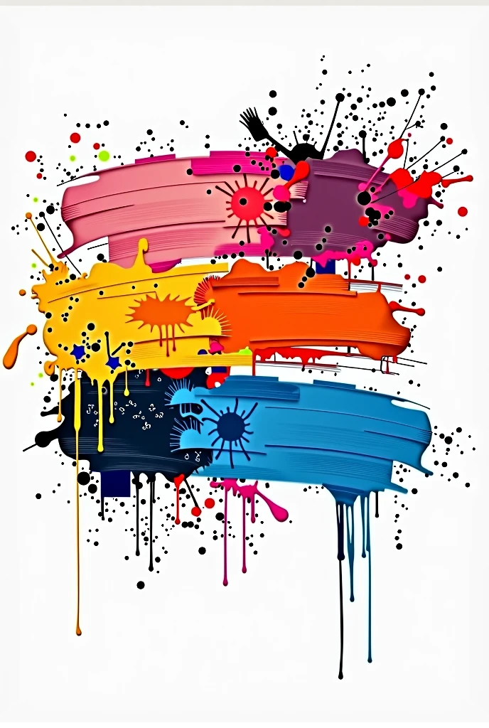 three mixed vibrant color brush strokes horizontal on white background, with drops of paint flowing