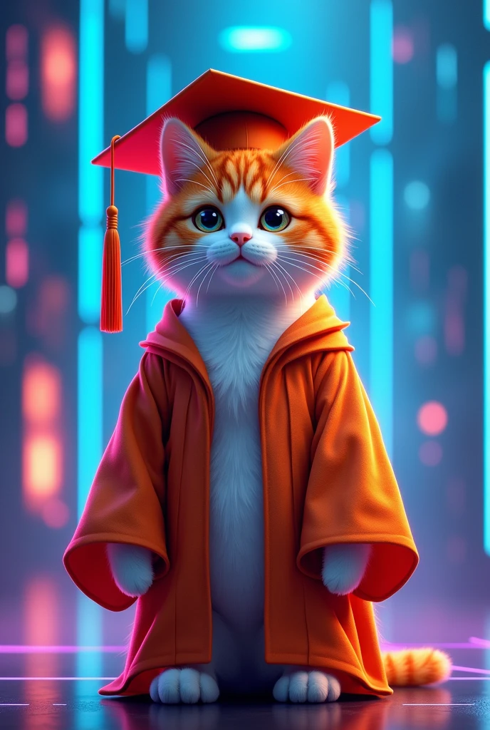 An orange white cat with tron logo finished its graduation from College 
