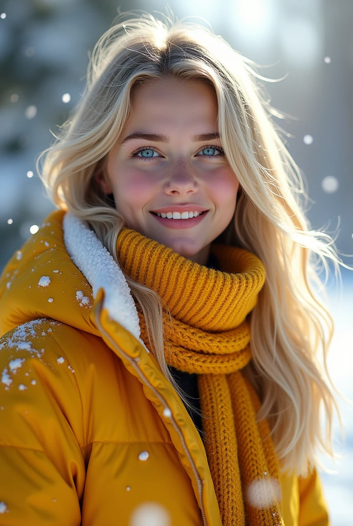 ((AlexiaThompson01R face)).  AlexiaThompson01R's face emerges from the falling snow, her straight blonde hair capturing the softness of the flakes dancing in the wind. Dressed in yellow winter clothes, her jacket and scarf shine like rays of sunlight against the icy backdrop. His blue eyes radiate joy and his smile lights up the room, breaking the monotony of the cold day. Her body, enveloped by the warmth of her cold clothes, seems energized by the happiness that overflows. Her posture is haughty, as if daring winter to steal her joy. AlexiaThompson01R is more than just a  in the middle of a Canadian winter; she is an image of hope and renewal, a radiant light amid the cold darkness.