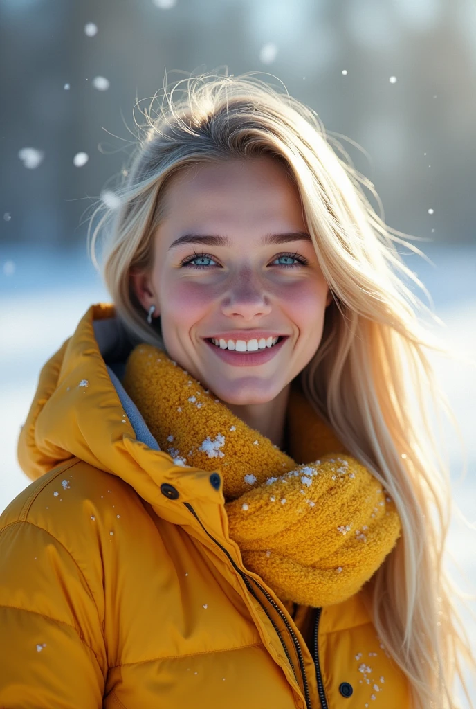 ((AlexiaThompson01R face)). AlexiaThompson01R's face emerges from the falling snow, her straight blonde hair capturing the softness of the flakes dancing in the wind. Dressed in yellow winter clothes, her jacket and scarf shine like rays of sunlight against the icy backdrop. His blue eyes radiate joy and his smile lights up the room, breaking the monotony of the cold day. Her body, enveloped by the warmth of her cold clothes, seems energized by the happiness that overflows. Her posture is haughty, as if daring winter to steal her joy. AlexiaThompson01R is more than just a kid in the middle of a Canadian winter; she is an image of hope and renewal, a radiant light amid the cold darkness.