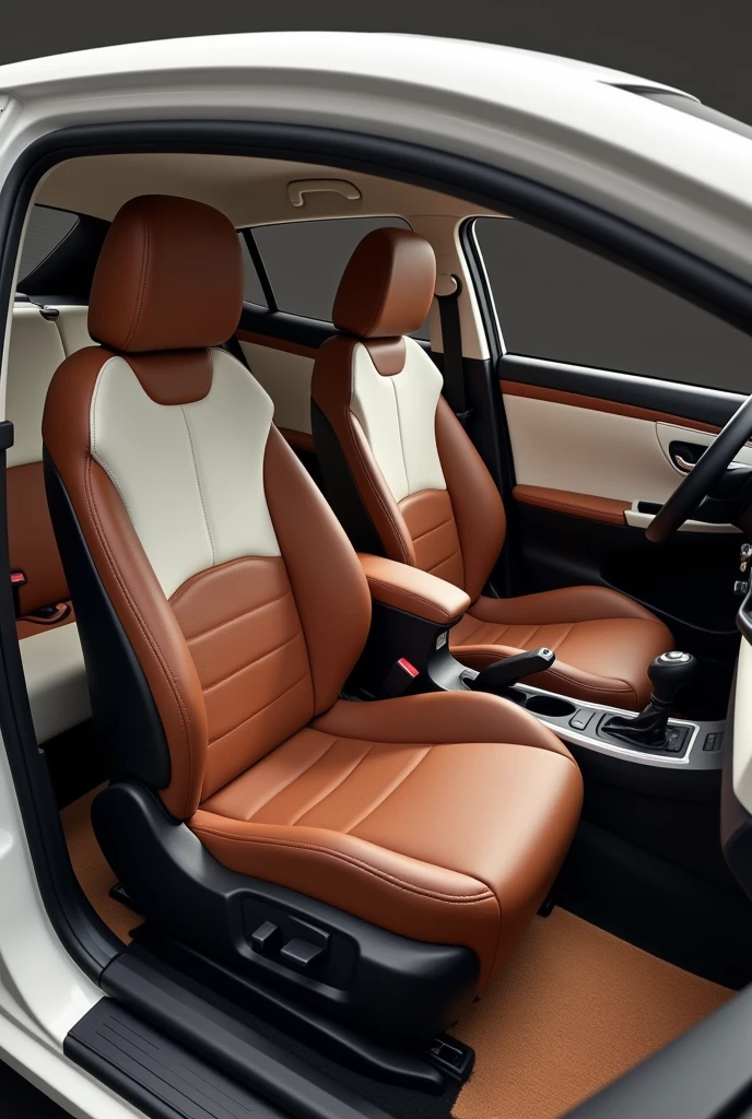 Je veux voir une voiture yaris. Que l’intérieur de la voiture (les fauteuils et tapis en cuir uniquement) de la voiture soit un melange de marron foncé , marron clair et de blanc