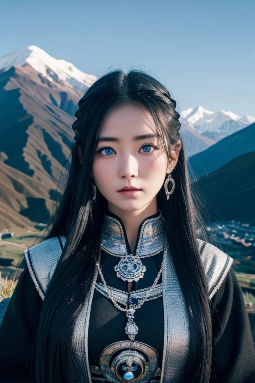 High quality、One woman、1、beautiful、blue eyes、Black hair with bright eyes、Long Hair、Tibetan national costume、Japanese elements、All black clothes、Mountain valleys、Silver Jewelry、Overall dark landscape、Moonlight deep sunburn、Large tattoo across the face