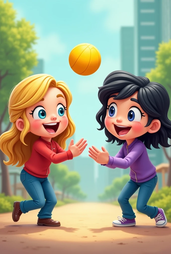 Create two Cartoon characters, one throwing a yellow ball and the other ready to catch it, the throwing character must have blonde hair with blue eyes, with a red blouse and jeans, and the second character must have black hair with blue eyes, with a purple shirt and jeans