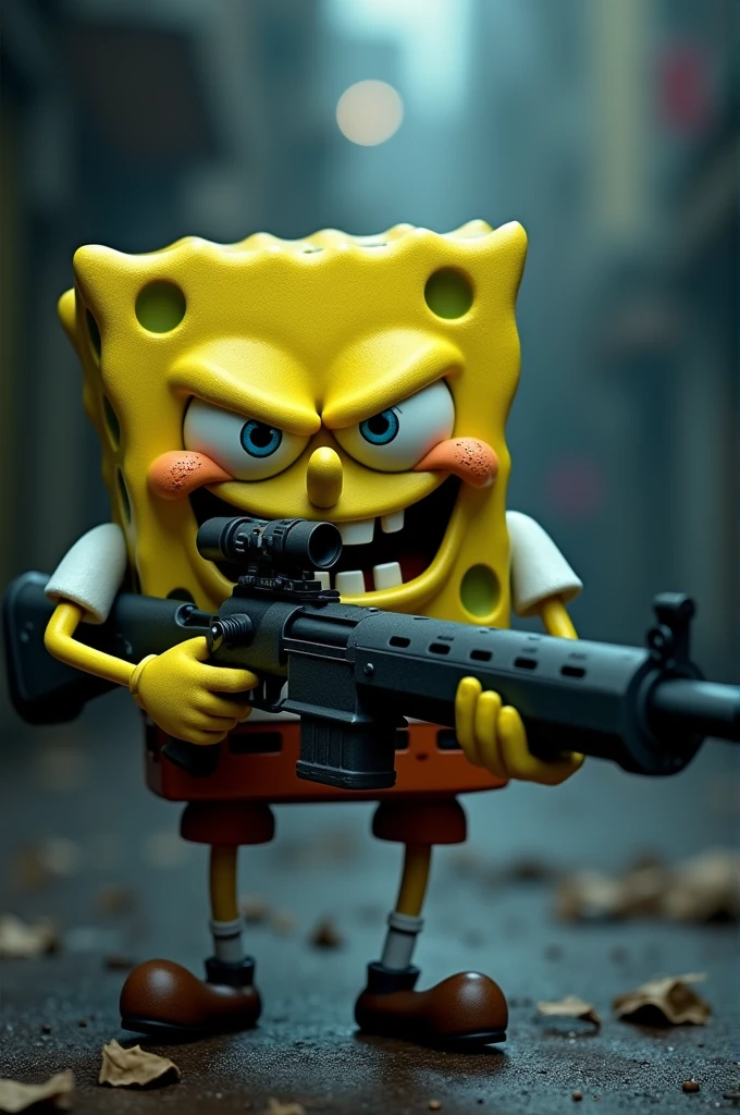 Sponge Bob holding a sniper rifle with a bad face