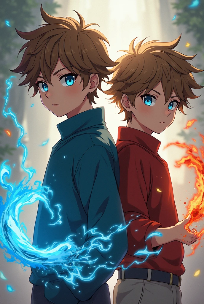 Create a 2 boy with white skin, blue eyes and honey brown hair, estilo Jujutsu Kaisen
