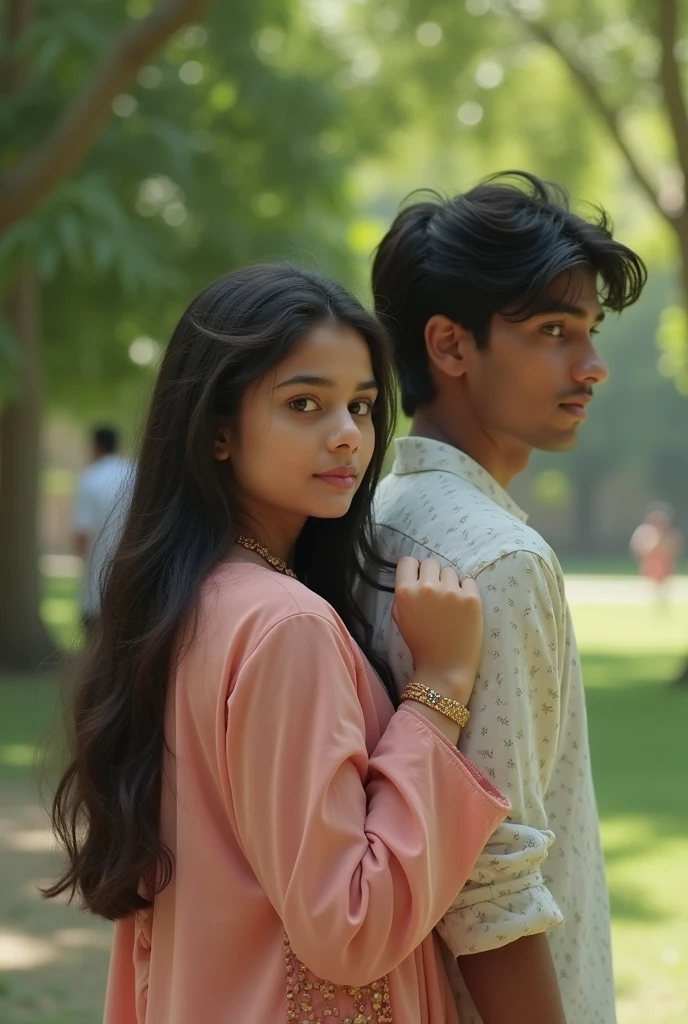 Bangladeshi teenage girl and adult beautiful boy are sitting in a university yard,the girl are playing with her hair and the boy watching her from behind in a loving way,the girl also blushing , the girl wearing selwer kamiz and the boy wearing shirt pant . The girl is looking at the camera, she's posing like hand in on her hair and the boy is watching her from behind and it's look so realistic . The photo is like 90's posing photo