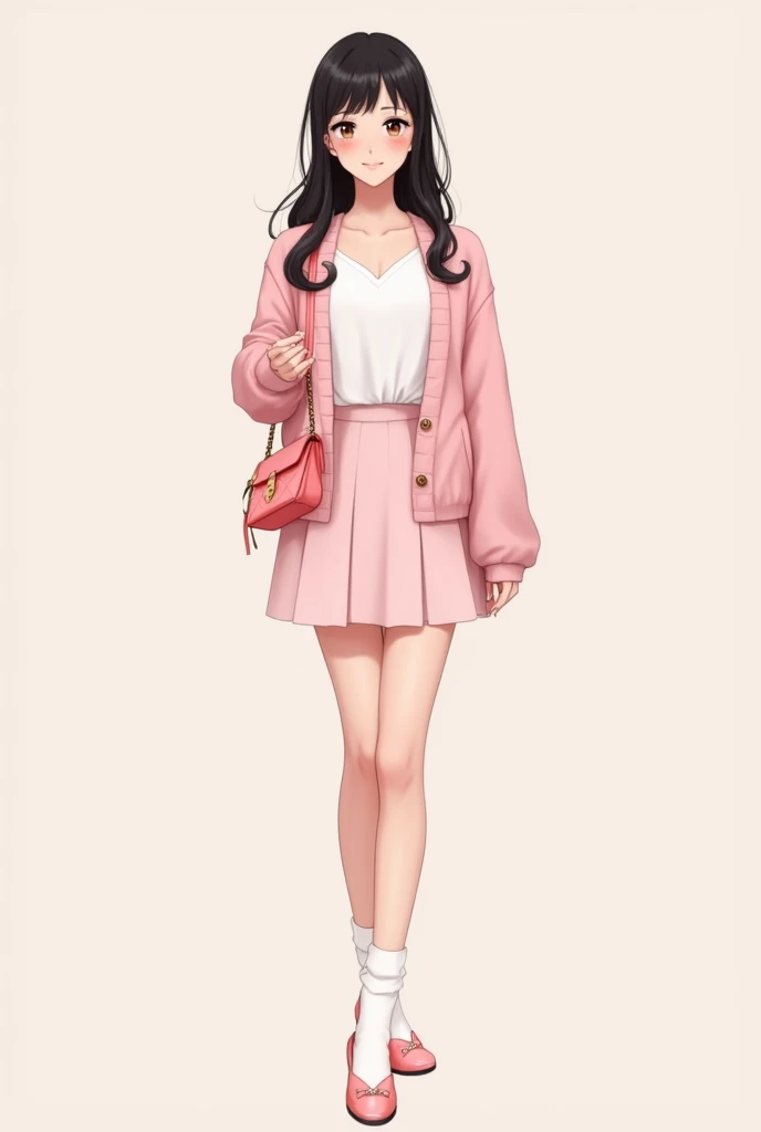 ((best quality)), ((masterpiece)), (detailed) She's wearing a white top inside and a cardigan on top , she has a light pink skirt on with white socks and white leg warmers with some cute pink shoes which also has some heels. She is not too tall maybe 5'2 and she had long black silky hair. She isn't too chubby but not too thin either. Her eyes are the most captivating. It's brown and it shines in the light. Her skin glowing with radiant as she smiles and stands there looking beautiful. Cute adorable looking all pink and white combo outfit with purse in hand , pink cute boots

