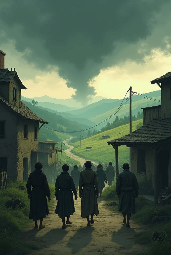 The villagers leave their homes in despair, fable style 