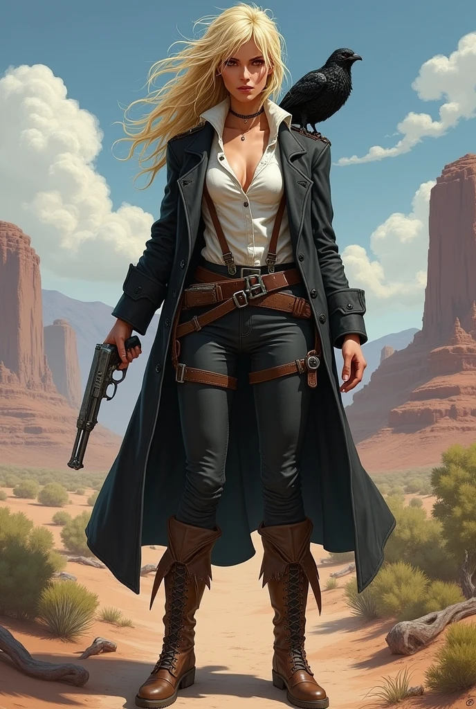 I would like a woman with long, wild, and blond messy hair, red eyes. She wears a black bounty hunter overcoat, a white shirt with the middle open, suspenders, a long brown boot, pants, and holds a weapon in her hand. She also has an bird perched on her shoulder. I would like her to have a mature style and for the art to be in a fantasy RPG style set in the Old West.
