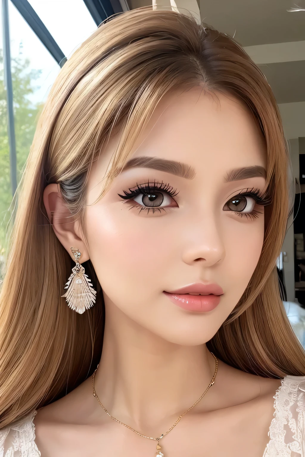 Beautiful woman Clean skin Natural eye makeup Natural brown eyeshadow Natural eyes with thin eyeliner Curled eyelashes and highlighted with mascara Natural eyebrows Natural eyebrows that match the hair color Elegant clothing Elegant style without excessive exposure Small earrings or necklace　Feathered Fairy