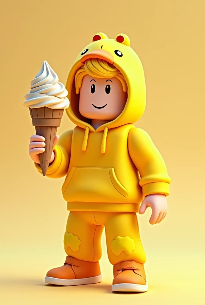 Make a r6 male Roblox character with yellow hair wearing a yellow duck hoodie and yellow duck pant and yellow duck hat and ice cream in hand with smiley face