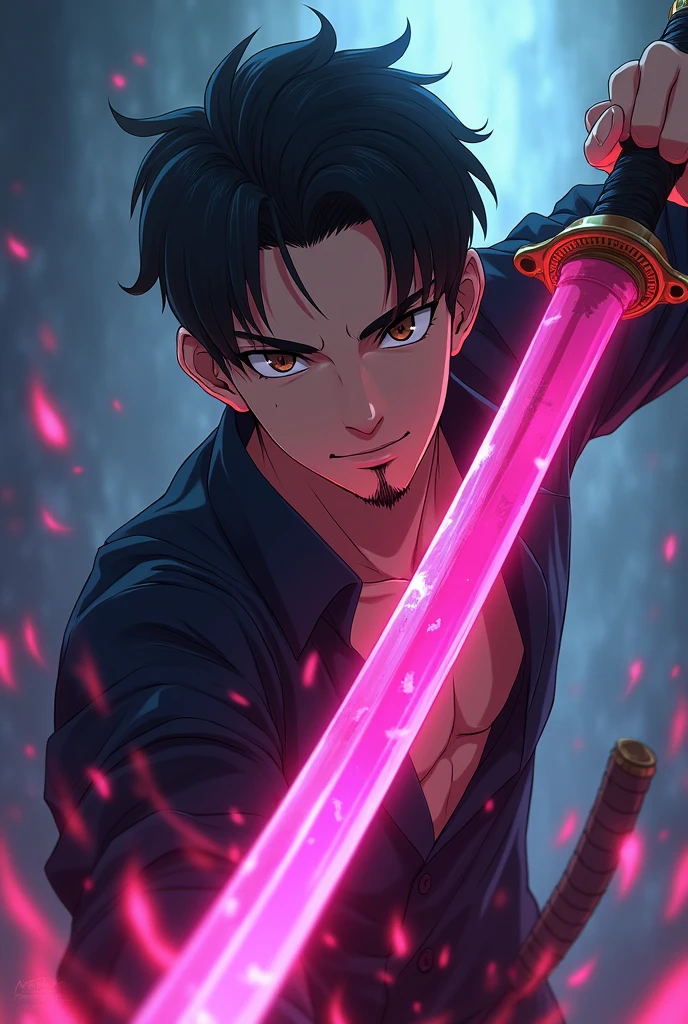 Young male character with black hair slicked back, dark brown eyes, a scar on the corner of the lip and with a short beard holding a katana with a pink blade in the anime demon slayer style